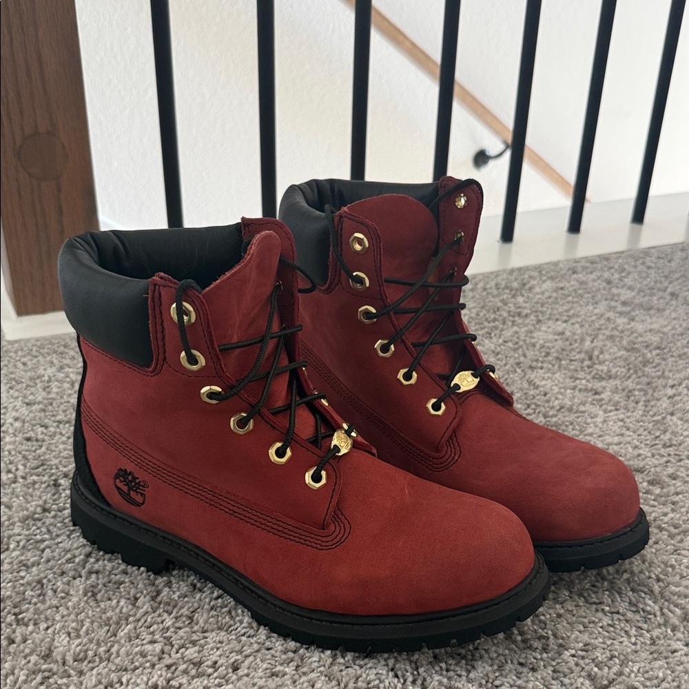 Timberland Boots Custom Brick Red and Black Leather/Suede